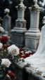 Placeholder: A grave above it a white bride lace scarf and blood on it. and white roses. Cinematic picture