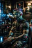 Placeholder: nagalike spaceman with tattoo of a human, scary tattooist in high end parlor, smoke, mist, lightrays, depth of field, photography