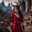 Placeholder: a beautiful tiefling woman with dark hair in a sleeveless battle outfit, amidst the ruins of a medieval town destroyed by war, photo quality, the whole scene in dark red colors