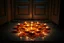 Placeholder: Diwali diyas arranged in mandala pattern on doorstep, marigold petals scattered between, oil flames dancing, festival of lights entrance