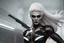 Placeholder: futurist pretty woman warrior, big body, no dressed, white hair, intricate details, high quality, best quality, 8k, in focus, sharp focus, finely detailed, sharp focus, halloween atmosphere, ufos, black night, background desolate street