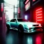 Placeholder: nissan skyline r34; in an alternate universe in tokyo; cyberpunk; realistic; rain; neon signs