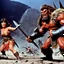 Placeholder: [colour 1960’s stop-motion animation style on the battlefield ] a 70s advertisement video TV featuring a fight begins with great intensity.The barbarian warrior uses her weapons hitting the monster severely ripping pieces of her grotesque and monstrous foe. but the monster is very strong and does not let himself be killed.he attacks with deadly fury the barbara warrior and manages to grab her embracing her with his distorted and very strong arms, full of rigid muscles.he hugs her very tightly