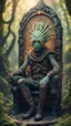 Placeholder: framed book cover illustration, close up portrait of a happy blessed ancient magical slimy weird alien mad max soldier posing for photo shoot on a throne, holding a burning sceptre, in a space alien mega structure with stairs and bridges woven into a sacred geometry knitted tapestry in the middle of lush magic forest, bokeh like f/0.8, tilt-shift lens 8k, high detail, smooth render, down-light, unreal engine, prize winning