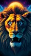 Placeholder: The face of a powerful lion with blue eyes and a large sun behind its head in a beautiful and amazing view and psychedelic atmosphere.