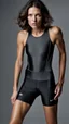 Placeholder: photography of a beautiful anorexic woman, anthracite satin triathlon top, sports illustrated, grey short wavy bob haircut, pronounced sternum, flat chest, anthracite short leggins