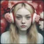 Placeholder: Futuristic Polaroid head shot of dakota fanning,with freckles on her face, hair adorned with big flowers, red cheeks and nose, headphone