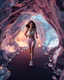 Placeholder: make a video pretty crystal cave covered with jewells and CIFI jewell lights and 3d recursive cubic and sphere base pearls and jwells a beautiful fashion model lady with cute,curvy hair,makeup, in pretty sports suit is running inside cave ,dynamic camera fallow her inside cave capturing full body, dynamic lights.