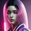 Placeholder: Rosalía, Cyborg anime samurai, cyberpunk, white skin, light black hair, geisha hairstyle, cobalt eyes, blood stains, waist up portrait, 8k resolution, retroanime, intricate details, neon details, soft lighting, vibrant colors, masterpiece, intricate eyeliner, dark eyeshadow, eyes, intricate tattoos, gradient background