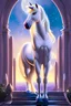 Placeholder: A beautiful story book image of a proud white unicorn stallion in front of a beautiful fantasy Disney palace in an enchanted magical forest by Mark Brooks and Dan Mumford, eight year old's story book art