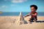 Placeholder: Toddler elon musk building a rocketship sand castle on the beach