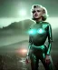 Placeholder: Ultra Realistic retro sci-fi 1960 scene, waist up view portrait, blonde woman, sweet young Marilyn Monroe face, perfect iris, tight latex coat, Strange planet background, Retro sci-fi style glass helmet, fog, rain, soft color, highly detailed, unreal engine 5, ray tracing, RTX, lumen lighting, ultra detail, volumetric lighting, 3d, finely drawn, high definition, high resolution.