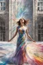 Placeholder: Photorealistic young woman in a dress, standing, with arms raised, looking at the front of a building at midday, with coloured auras swirling around her