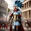 Placeholder: In the heart of ancient Rome, a woman Roman legionary stands tall amidst the chaos of the Roman celebration. Clad in gleaming armor, her helmet adorned with a majestic plume, she exudes an aura of strength and determination that sets her apart from the revelers around her. As the music and laughter swirl around her, the legionary remains stoic and vigilant, her eyes sharp and focused