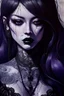 Placeholder: painting of a woman with dark purple-black long hair and black tattoos on her body, a cold, indifferent expression, silver and black onyx jewelry, black lace dress, cybernetics, crepy stunning anthropomorphic female, Minjae Lee vibe, cbybernetic and etheral human, ancient deity, by Vincent Lefevre and Yoshitaka Amano