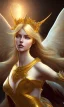 Placeholder: Female angel with beautiful face big wings and golden crown floating above the ground in the dark, michelangelo style, detailed, world of warcraft style