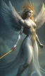 Placeholder: Female angel with beautiful face big wings and golden crown floating above the ground in the dark enviroment, michelangelo style, detailed, world of warcraft style, dark forest, trees, lightferry