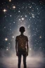 Placeholder: view from behind, photography, a 12 year old boy whose fully painted body is made up of glowing stars, floating in an ethereal void