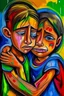 Placeholder: a girl hug her brother and both crying sadly, expressionism, Pixar style, in abstract art Basquiat, Picasso, Miro, Kandinsky, Klee, Birell, Fairey, Ardon, Buffet aand Picasso style, HD --s 750 --v 5.1 --style raw, water color