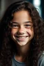 Placeholder: 14 year old smiling girl with heterochromie, dark brown eyes, long dark brown frizzy curls, freckles all over the face, gap between incisor teeth