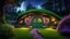 Placeholder: hobbit cottage in the woods surrounded by trees, night, fireflies, whimsical feel, pinks, blues, purple and green colors, circular hobbit-style door, circular hobbit-style windows, green grass roof, moonlight, chiaroscuro, fireflies, quaint, homely