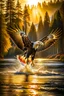 Placeholder: An image capturing a majestic eagle in flight, gripping a large fish in its talons as it soars above a winding river. The sunlight glistens on the water below, and the eagle's powerful wings spread wide against the sky. The scene showcases the eagle's incredible hunting prowess and the dynamic beauty of the natural world.