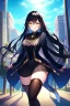 Placeholder: girl, masterpiece, best quality, cinematic lighting, detailed outfit, vibrant colors, perfect eyes, black hair, golden eyes, long hair, thigh highs, outdoors, black stockings,