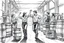Placeholder: workers dancing in a industry factoty , a drawing with sketch lead pencil, barrels and crates that needs pushing and pulling