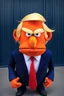 Placeholder: a Film Photograph of a realistic angry orange Donald Trump Muppet made of thick cotton and felt wearing a dark blue suit and red tie and with blonde hair combover, he is old and angry with a round mouth