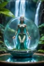 Placeholder: close up on action figure of a glossed and transparent electric female elven opera yoga master on round swamp transparent glass boat eye throne in a charged foggy jungle starry waterfall, blur background to make character pop out