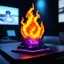 Placeholder: A 3D cyberpunk-inspired flame. The flame transitions from deep purple at its base to intense orange at its peak, with intricate energy patterns swirling within. It should have a realistic, volumetric appearance with a sense of depth and movement. The room around the flame is blurred but hints at futuristic design - sleek surfaces, subtle neon accents, and perhaps holographic displays. Vibrant lighting illuminates the scene, dominated by orange hues that ble