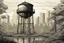 Placeholder: watertower, overgrown apocalyptic city background, comic book,