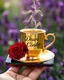 Placeholder: hyper realistic image of shiny golden coffee cup vibrant with steam on android phone, standing on finger, under the inscription written details text " Dewi Cinta " in cursive letters, realistic red rose on saucer, purple flax garden blur background, ultra HD 64k hyperrealism studio flash light reflection, sharp focus macro photography