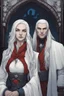 Placeholder: A couple, from the dnd game curse of Strahd. The woman has long white hair and blue eyes, the man has LONG BLACK hair and red eyes, no facial hair.