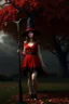 Placeholder: a young witch in a red low-cut short skirt, standing under a black tree, with a staff in one hand, photorealistic, delicate detail.