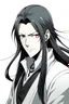 Placeholder: Anime man with long black hair tied, black eyes, and a white background