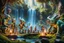 Placeholder: book cover oil painting of archeologists discovering elven woodland creatures with magical glowing bows in Rivendell worshipping big fat alien troll statues with many head and idols like from a myth or legend, on a strange planet with weird colors and waterfalls, bokeh like f/0.8, tilt-shift lens 8k, high detail, smooth render, down-light, unreal engine, prize winning