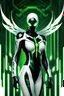 Placeholder: Cyborg symbiote, white color, green color, tendrils, high tech, cyberpunk, biopunk, membrane wings, carbon fiber, cyber tentacles, and the other two.