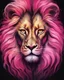 Placeholder: Fascinating dark fantasy illustration, strikingly capturing the essence of a lion's face split in half. To one side, a majestic and ferocious lion looks out, its golden mane contrasting with the surrounding darkness. On the other side, the face of a cat. Background vibrant pink colors and deep blacks, enigmatic, captivating atmosphere, disturbing and intriguing composition