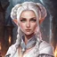 Placeholder: dungeons & dragons; video game; female; sorceress; silver eyes; silver-white hair; braided bun; young; mage robes; long veil; teenager; halo background; pretty; half-elf; cute; blush; welcoming; elegant clothes