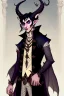 Placeholder: Young tiefling nobleman alchemist with black hair horns and large reptilian tail gothic jewelry and potion bottles in the style of Charles Addams