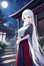 Placeholder: girl, masterpiece, best quality, cinematic lighting, detailed outfit, vibrant colors, perfect eyes, white hair, very long hair, braided ponytail, red eyes, hakama, shrine, moon, starry sky, plants, stone walkway, lamppost, butterflies,