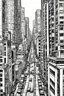 Placeholder: Reverse coloring pages for adults oil painting of a cityscape with tall buildings and busy streets, style=oil painting, no outline