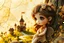 Placeholder: closeup, double exposure, merged layers, golden patina, corrosion, topographic lines, needle felt mohair cute chibi fairy princess, fairy village, watercolor and charcoal S<AI in sunshine