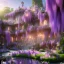 Placeholder: a magical flower bougainvillier wisteria house in the woods, pink vertical, blue lake,sharp, vines, candlelit, endor, ornate, elegant, highly detailed, artstation, concept art, smooth, sharp focus, illustration, 8k, splash art, wallpaper, key visual