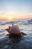 Placeholder: a beautiful seashell in a coastal wave against a sunset background, Nice, close-up, 4k