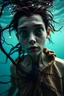 Placeholder: Underwater, closeup siren with big eyes, ragged clothes, fullbody, his skin translucent, black veins that extended like roots, 8k,macro photography,