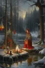 Placeholder: Hyperrealism against the background of a winter landscape in a forest with a bonfire +mirror portal with a whirlpool of water + a man in a red-gray robe with a hooded back + +rite+candles+dried flowers+wildflowers+moss++flower decoupage+embroidery technique+braided beads+vine+moonlit night,fabulous landscape,surrealism,realism,naturalism,dot technique,microdetalization,high detail objects,digital illustration,volumetric clarity,dark fantasy,dark botanical