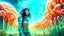 Placeholder: woman with black hair, in a tight spacesuit, without a helmet, walking through Alien mushrooms with jellyfish tentacles in an alien forest, photorealistic, Deep Colour, Intricate Detail, sunshine, blue sky