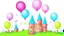 Placeholder: Illustration of a balloon castle, this castle is the party decoration factory. detailed illustration. Children book style.